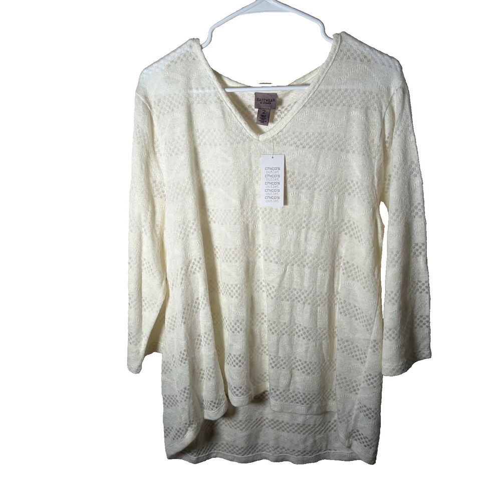 Chico's Sweater Women's 2 Large Ivory Striped 3/4 Sleeve Pullover Knit Casual